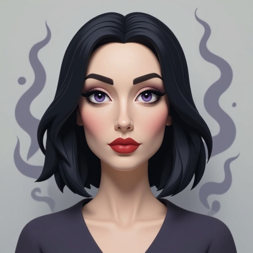 Show her shoes and entire body. Create mysterious woman jet-black hair is cut sharp to her jawline, and her violet eyes seem to pierce through darkness. A shadowy aura clings to her form, faint shapes shifting and flickering behind her like whispers of another realm. Show whole body head to toe