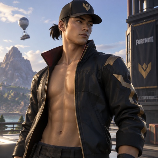 Carter wu from Fortnite, short pony tail, jacket with no shirt, cap
