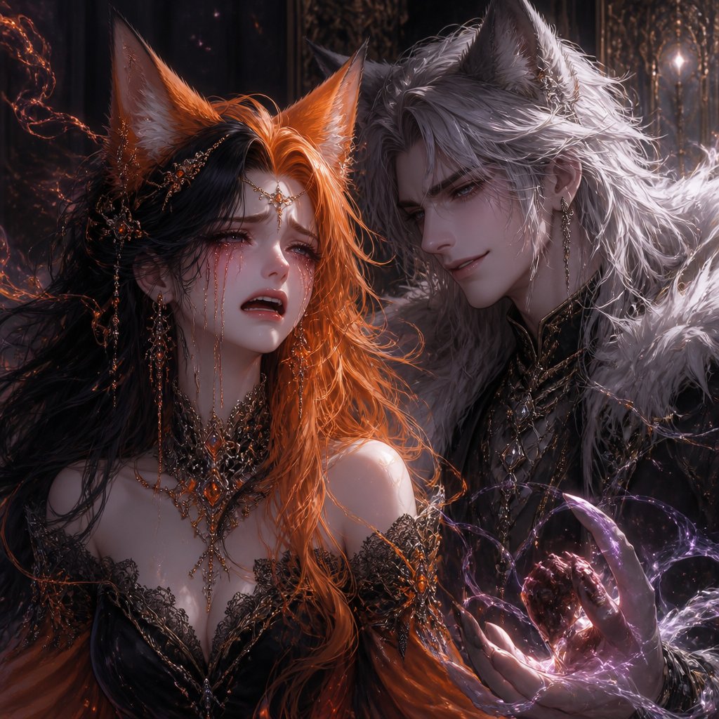 A beautiful woman with fox like looks fox ears fox eyes and orange and black hair and a beautiful modesty dress very fancy arguing and crying with frustration with a handsome man with wolf like looks and wolf eyes wolf ears and gray and white hair he is smirking broken heart