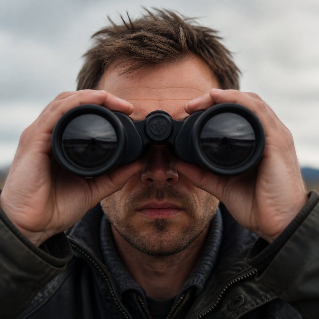 Someone with a pair of binoculars staring straight at the camera. No speech bubble.