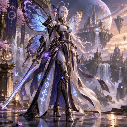 A gorgeous alien butterfly woman in a futuristic space samurai armor. Show whole body. 