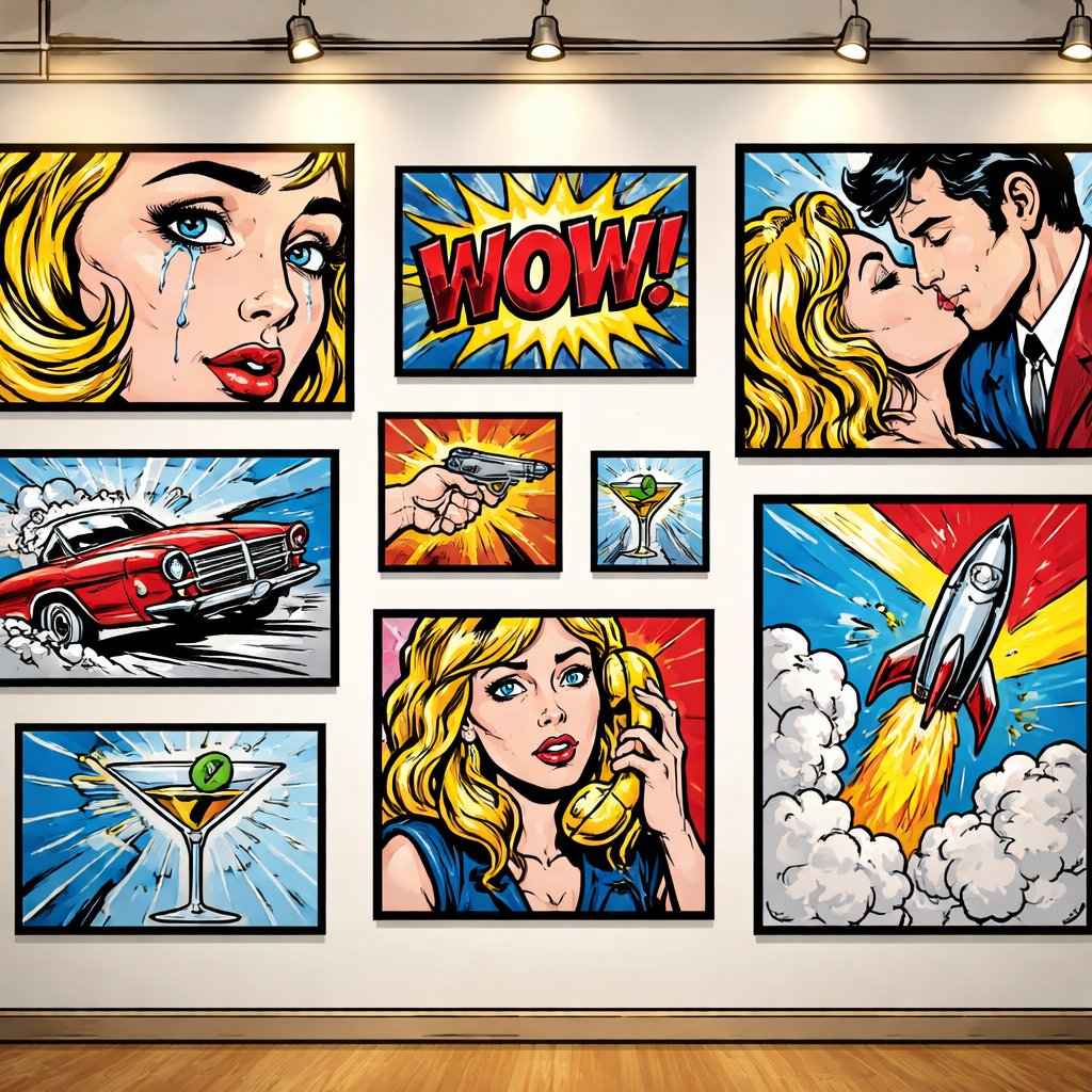 No caricature, no speech bubbles, realistic, a wall with several modern paintings in the style of Roy Lichtenstein in an art gallery no people lol