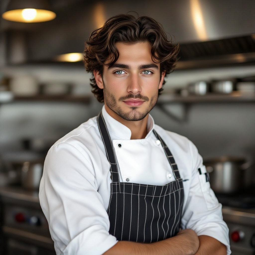 Realistic portrait of Seppe DeLuca, a young Italian man in his early 20s. He has olive-golden skin, very light blue eyes that look almost white or silver in sunlight, and tousled jet-black wavy hair. His face has faint stubble and a sharp jawline. He wears modern chef attire — a fitted white chef’s jacket with sleeves rolled up, a dark apron tied at his waist, and a subtle silver chain at his collarbone. He’s standing in a softly lit restaurant kitchen, warm cinematic lighting reflecting off stainless steel surfaces. His expression is confident with a hint of mischief, like he knows he’s trouble but you’ll fall for him anyway. 