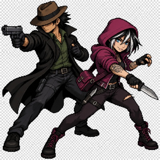 Male, no facial hair, brown fedora that covers eyes, black back hair spiky, black trench coat with upturned collar, green shirt, holding gun, Female, black jagged hair cut, neck length, white strands, two lip piercings, blue eyes, magenta sleeveless hoodie hood up, dark magenta satchel, belt with knife attached, gloves, tattoos on both arms, holding knife, smirk, fighting the other