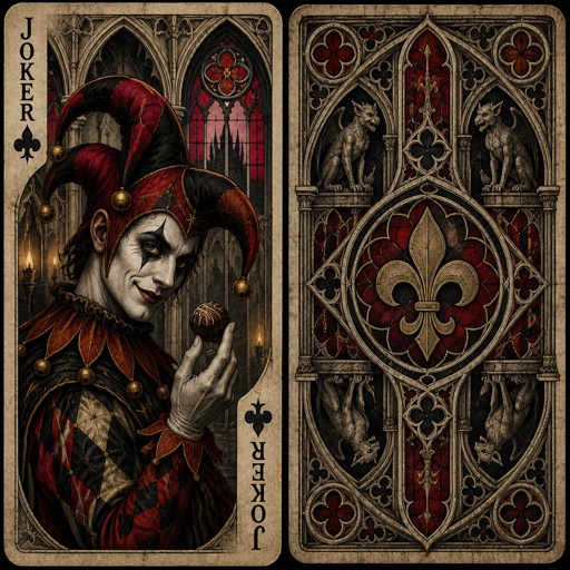 Jester holding a candy truffle on in a bicycle playing card style   