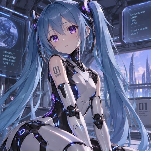 Cyborg,child, waist length ocean blue hair in twin tails, purple eyes