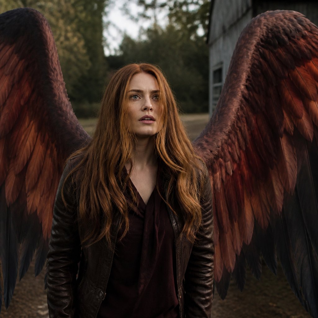 Adult girl with ginger hair having reddish wings with black tips from the tv show supernatural