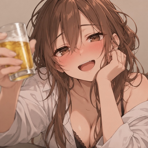 Anime woman, drunk, brown hair, brown eyes