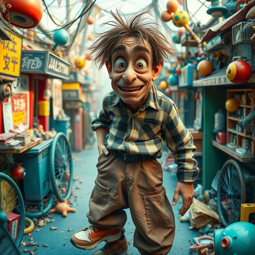 Create a funny looking paranoid man in the world, with a not so stylish outfit head to toe