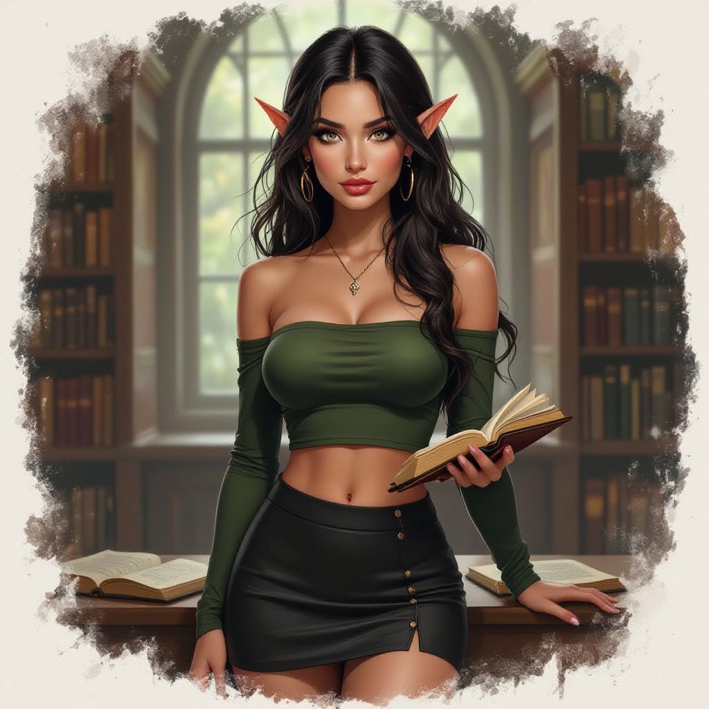 Dark Brown Hair Elf Witch Librarian in Tube Top and Tight mini Pencil Skirt