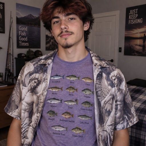 Teen Boy, Swordfish Bass Fish Carp Fish Musky Fish  Perch Fish Crappie Fish Salmon Fish Trout Fish Green Sunfish Bluegill Fish Redbreast Sunfish Lake Trout Fish Rainbow Trout Fish Yellow Perch Fish Printed Purple Heather Shirt, Pencils Mustache, Goatee Beard, Muscle Human & Teen Boy, Angel Man Print Shirt, Black Brown Red Hair, Pencils Mustache, Beard Goatee & Teen Boy, Black Hair, Pencil Mustache 