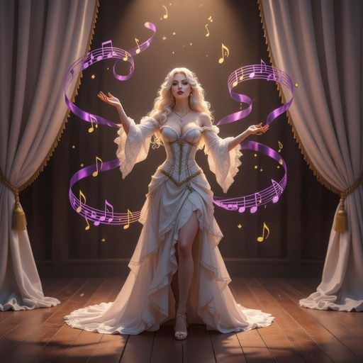 🎨 Render Prompt — Evangeline Ivey, “The Lady of Layers” (Parody of Lingerie)  A semi-realistic fantasy stage portrait of Evangeline Ivey, Fierna Tiefling Bard of the College of Glamour, performing her satire “The Lady of Layers.”  The scene takes place on an ornate candle-lit stage with ivory curtains and wooden floorboards glimmering under soft gold light.  The air carries drifting ribbons of violet and gold magic, shaped like musical notes that coil around her as she performs.  Appearance Porcelain-pale skin (#F3EDEB), long silver-white hair (#D6D6DA) cascading in styled curls, amber-gold eyes (#C88C21) alive with humor.  Symmetrical dark brown ridged horns (#4A3A2C) sweep gracefully back from her brow.  Her tail matches her skin tone, tipped red-and-black, poised behind her like part of the choreography.  Outfit – “The Lady of Layers” (Mock-Lingerie Parody) A parody of opulent lingerie turned into theatrical armor of excess. •  Base: cream silk corset with exaggerated boning and embroidered seams labelled with golden script such as “EXHIBIT A” and “DISPLAY MODEL.” •  Overlays: unnecessary straps, garters, and ribbons looping decoratively across her limbs; some end mid-air, attached to nothing. •  Each motion sets off tiny golden bells or charms sewn into the lace, turning sensual movement into comic percussion. •  Fabrics alternate between cream (#E9DFC7), deep red velvet (#AA1E1E), and gold thread (#C9A33A), echoing her harlequin palette. •  Matching high heels glint with gem inlays; every detail feels deliberate and over-designed.  Pose & Expression Full-body to the shins, 2:3 aspect.  Evangeline stands mid-bow, one hand on her hip, the other sweeping outward in grand presentation.  Her expression carries an amused smirk, eyes bright with mock pride—aware of the ridiculous excess yet utterly commanding it.  Lighting & Tone Warm candlelight key, soft rim outlining her silhouette.  The stage glows like polished honey; violet and gold reflections ripple across her corset and hair.  The atmosphere is decadent, clever, and ironic—glamour turned back on itself.  Mood A master performer exposing the mechanics of allure: confident, self-aware, and radiant in the comedy of beauty.