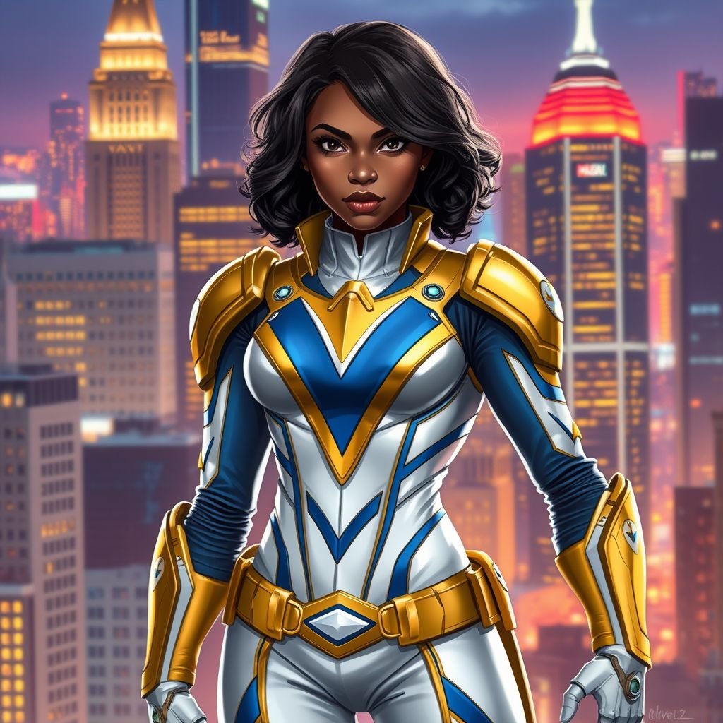 A teenage African American female superhero with slightly curly hair in a shoulder length side part style wearing a polyester armored white and Gold suit with blue accents and a stylized V as her chest emblem a utility belt and gold boots standing in Philadelphia