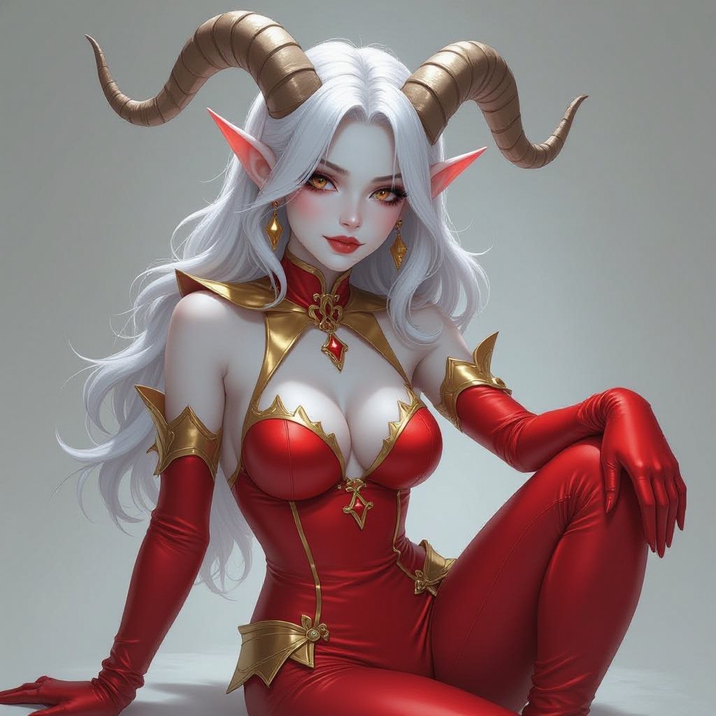 Bleach White Skinned Silver Haired Tiefling Jester in a Red and Gold skin tight revealing jester bodysuit. She has light silver brown horns and it’s a full body render. Alluring pose