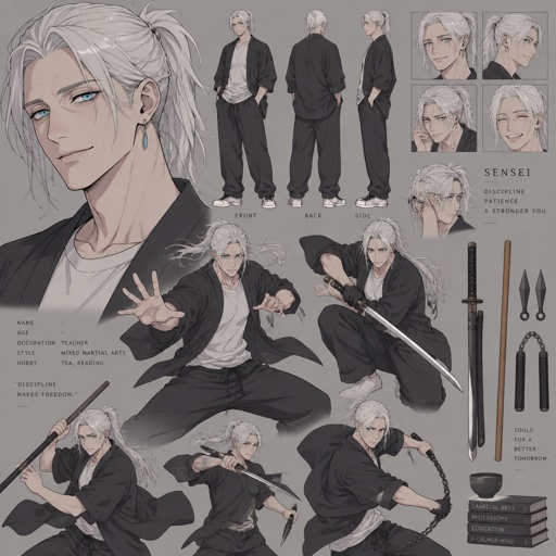Anime style, male, highly skilled in fighting all fighting styles and weapons, bright blue eyes, white Japanese ponytail hair, white skin, eye bags, teaches,earring,soft smile, trained by his father since birth he was supposed to be an assassin,he chose to be a teacher helps people,he uses his skills to help,serious face when fighting ,know one knows who he is agency trying to track him 