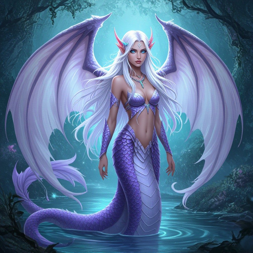 Full view Winged naga with long white hair and bright blue eyes her tail is light purple