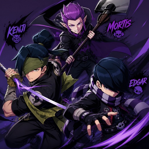 Kenji, Mortis, and Edgar from brawl stars as assassins, assassins clothes, dynamic poses