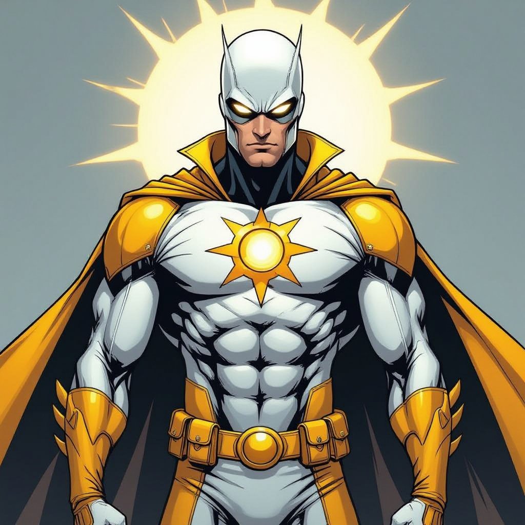 NO CAPE NO BELT NO CAPE NO BELT Super Hero. Half Helm. bright Whites and yellows, slender but muscular,  insignia of the scientific symbol of the sun on his chest. NO CAPE NO BELT NO CAPE NO BELT NO CAPE NO BELT NO CAPE NO BELT