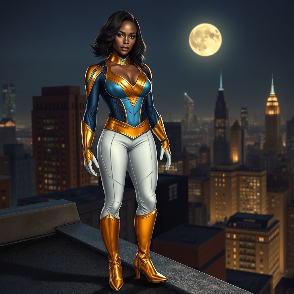 African American female superhero with shoulder length hair in a side part style wearing a gold white and blue suit with white pants and gold boots with a stylized V as her chest emblem standing ona roof in a Philadelphia at night