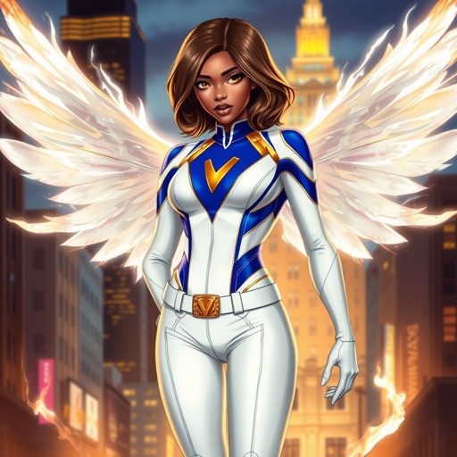 A teenage African American female superhero with brown hair with gold highlights in a shoulder length side part hairstyle with pure Gold Glowing eyes wearing a white suit with gold and royal blue with white pants and gold and white knee length boots with a utility belt with a gold V as her chest emblem with glowing wings made of white fire in Philadelphia