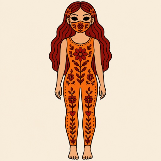 Female wearing an orange one piece legs covered sleeveless feet showing, red long hair, completely black eyes, orange breathing mask, 15 years old 