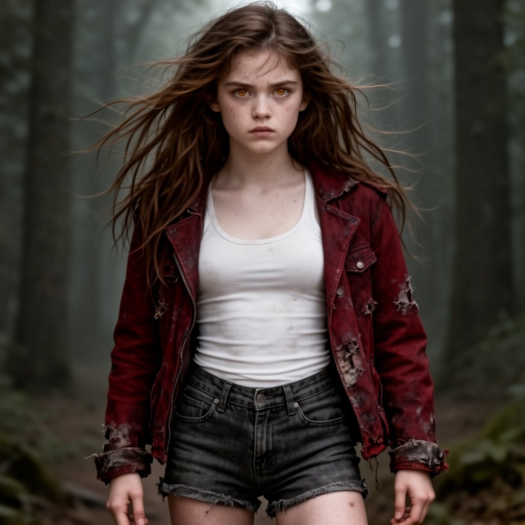 16 year old girl with long brown messy hair down, very light brown eyes, pale skin, dark red beat up jacket, white fitted tank top and dark gray jean shorts. Determined look, looks like a half-blood