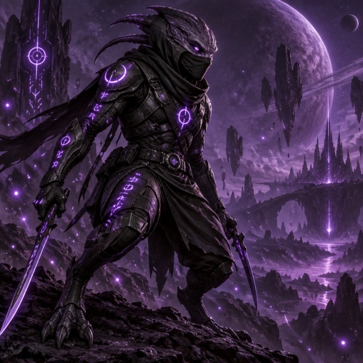 A alien beast in a futuristic black ninja Assassin space suite. On a dark purple planet background 