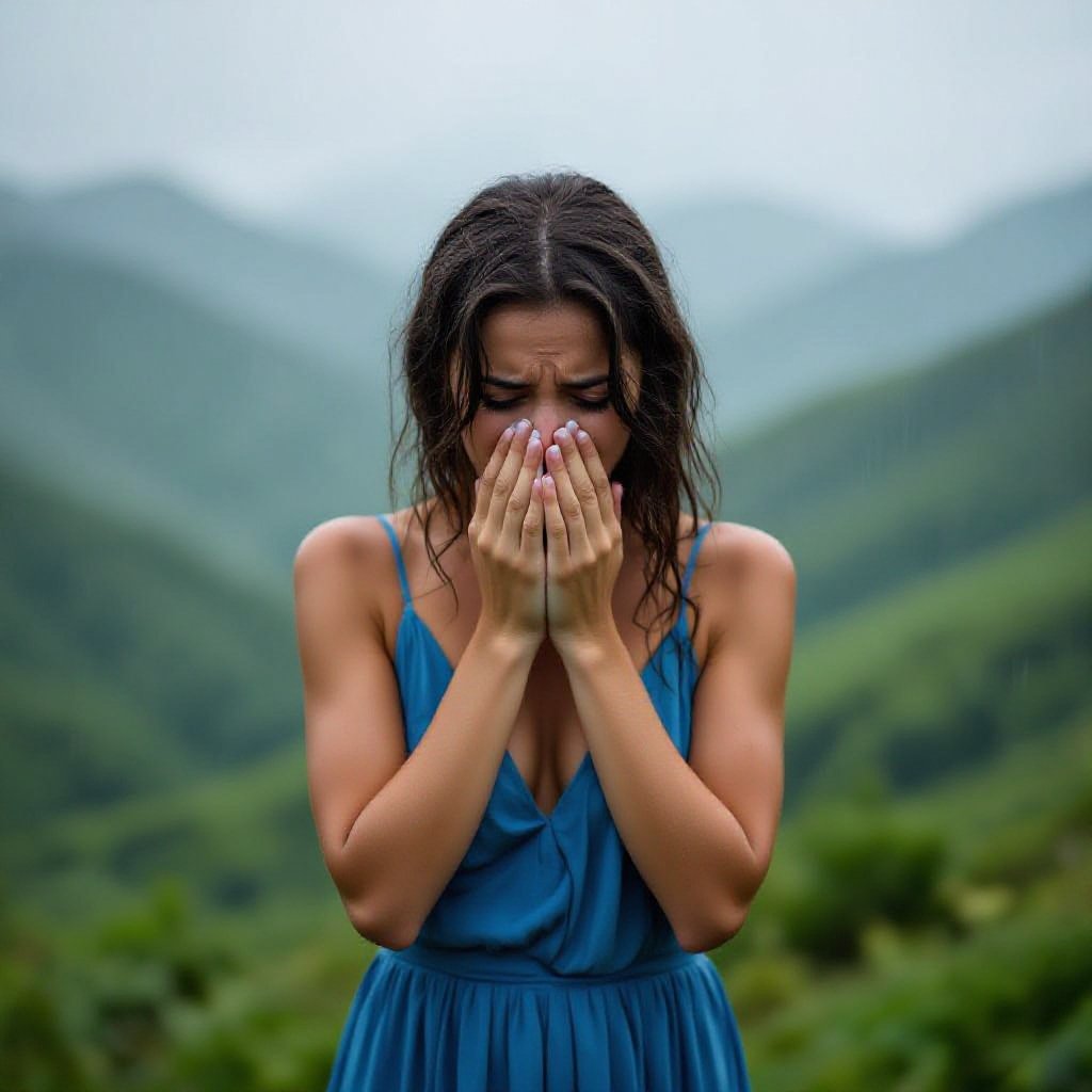 Woman crying in the mountains in the rain 