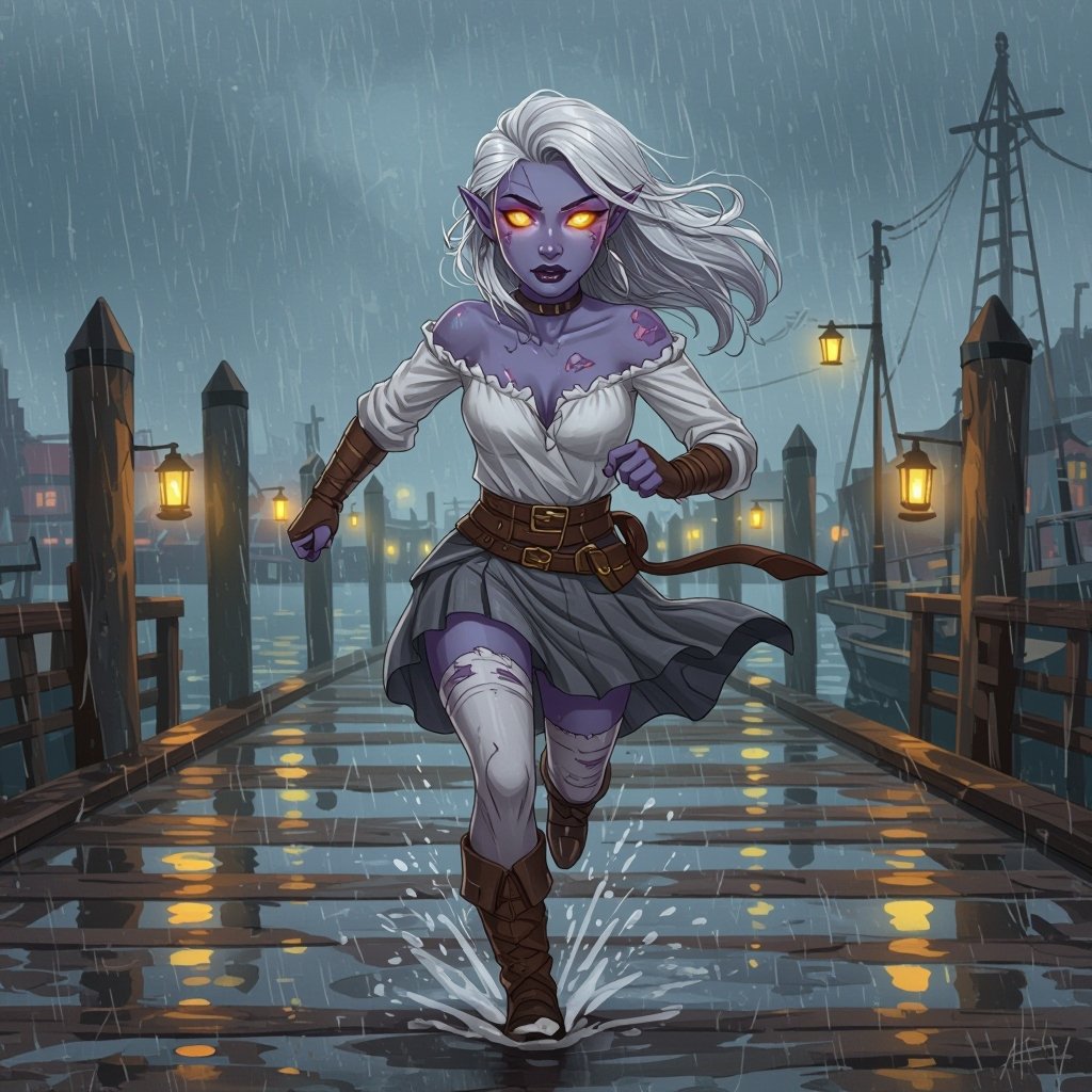 A painting of Maerriss Nex, a Half-Drow (Half-Elf) woman inspired by Emma Watson, running across the wet docks of Eendood in the pouring rain. Her skin is light ash-gray with faint violet undertones, and her eyes glow pale molten-gold with gray sclera. Her white-silver hair is loose, tangled, and soaked by wind and rain, whipping behind her. She wears a pale linen frilled blouse, visibly worn from her escape — the right shoulder seam torn, exposing only her collarbone, while the sleeves are dirt-stained, frayed, and ripped from catching on splintered docks. Her slate-gray reed-weave skirt follows the high-waisted, thigh-length pleated design from the reference: structured waistband, deep vertical pleats, and natural motion as she runs. The skirt is wet, heavy, and frayed at the edges with small tears at the hem. Her white thigh-high stockings are muddy and torn at one knee. She is missing her left boot, revealing a bare, wet, muddy foot, while her right boot remains laced, scuffed, and soaked. Rain glistens on the wooden planks beneath her as brass lanterns cast warm reflections across the puddles and fog. Her expression is fierce and determined, caught mid-stride, her blouse and skirt flaring with the motion, the storm wind and lantern glow giving the scene cinematic energy and realism. Run it