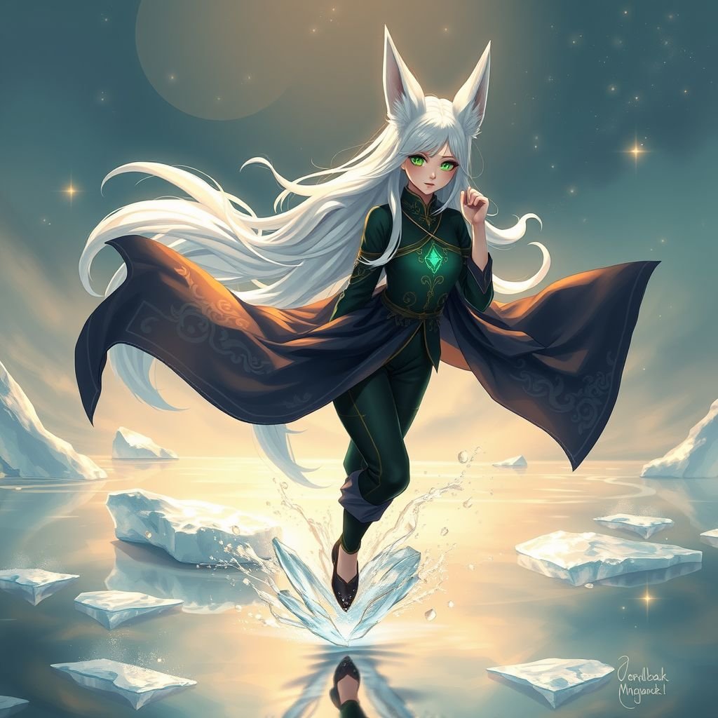 A teenage girl with pale skin wearing a royal black top and trousers with a hood, long hair as white as snow and small fox ears with emerald eyes walking on ice on the water