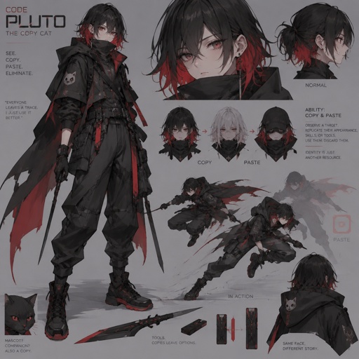 shadow assassin name code pluto the copy cat, copy and paste ability, black hair red on the inside