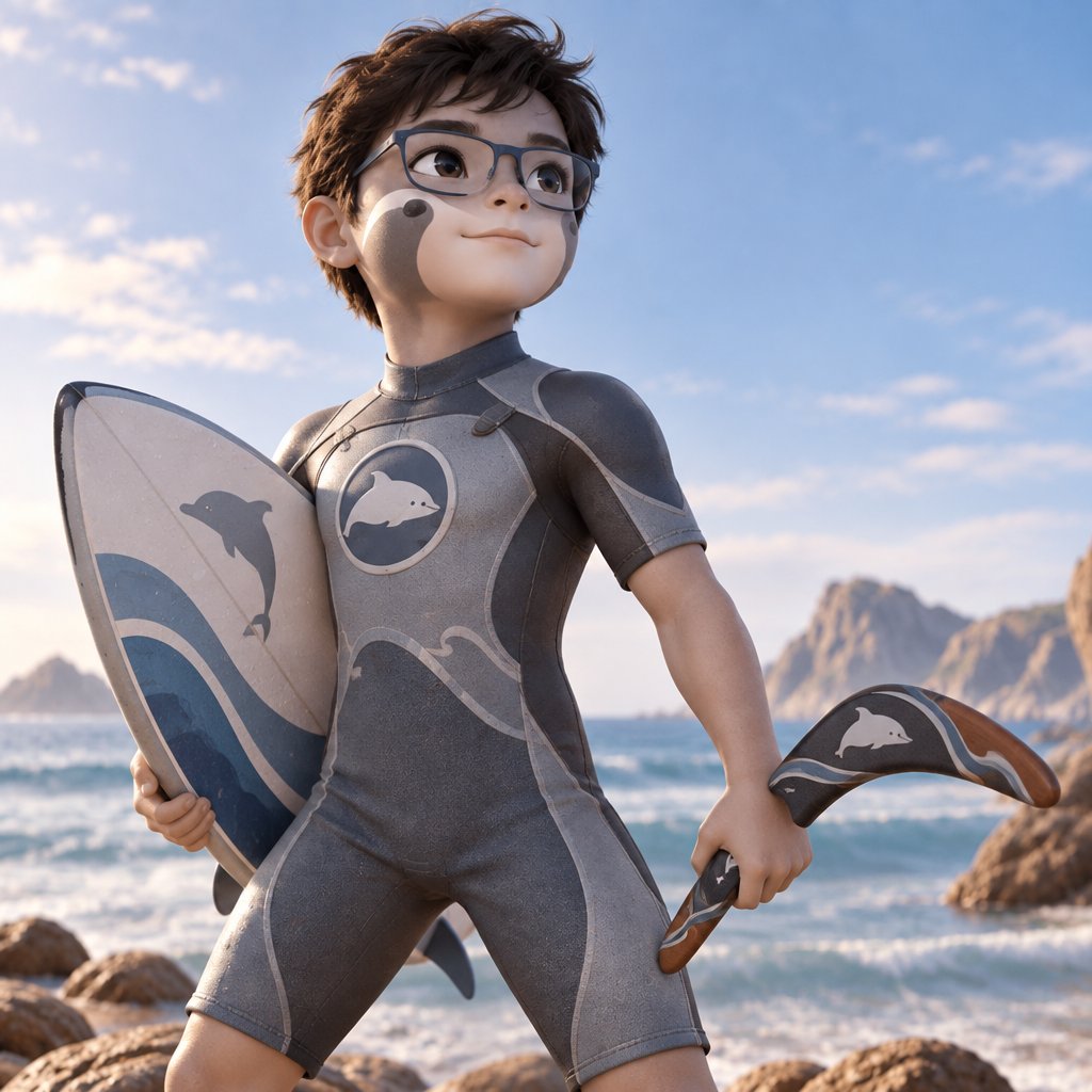 a cartoon character holding a surfboard on a beach