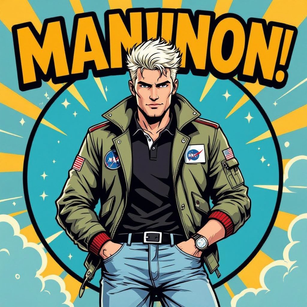 man with Platinum Blonde Unkempt Hair.  Astronaut Flight Jacket Black And White Polo and Light blue denim jeans with red sneakers