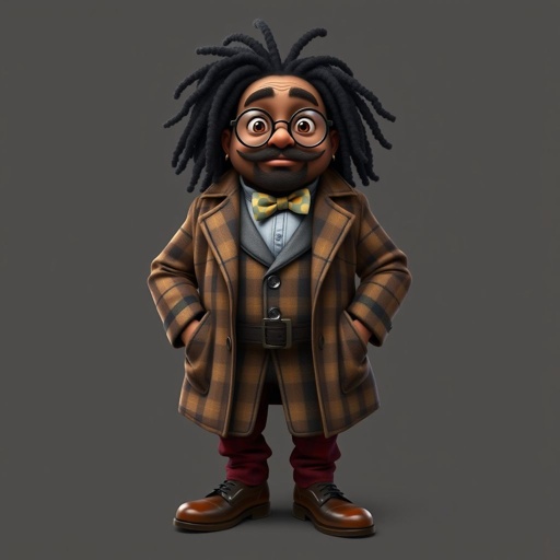 Create a funny fat character similar to Sherlock Holmes, but make him of black decent and with dread locks. Show his whole outfit including his shoes.