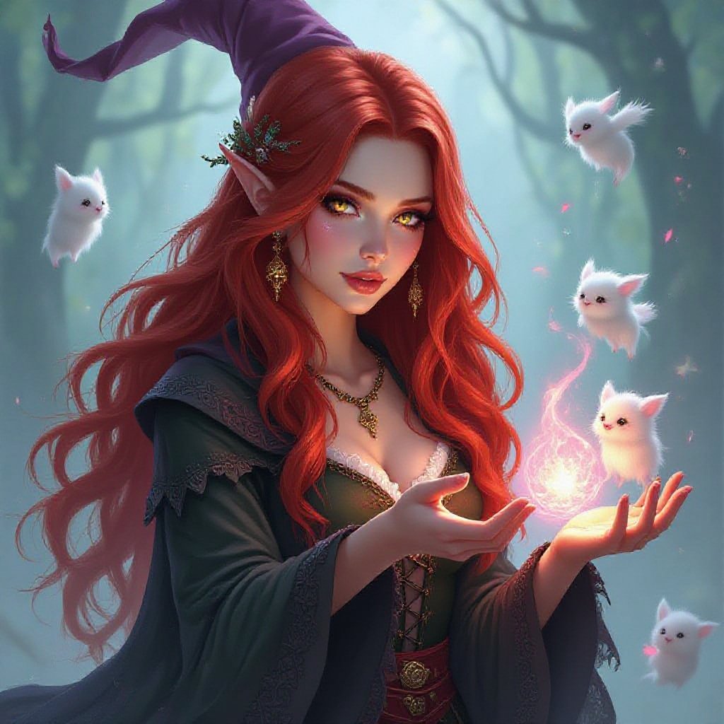 witch with long shimmering red hair and skin with small fluffy creatures around her 
