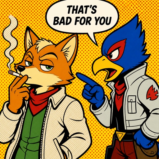 Super smash brothers Fox from star fox as a human, Falco from star fox as a human, there both humans,fox as a human smoking and Falco as a human scolding fox for smoking saying “that’s bad for you “