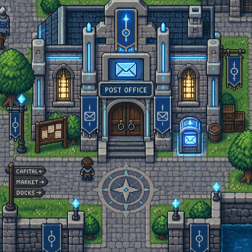Post office for a futuristic fantasy city game, exterior, top down style