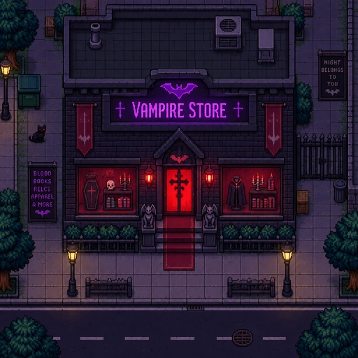Vampire store for a fantasy game set in modern times, exterior, full building, top-down style