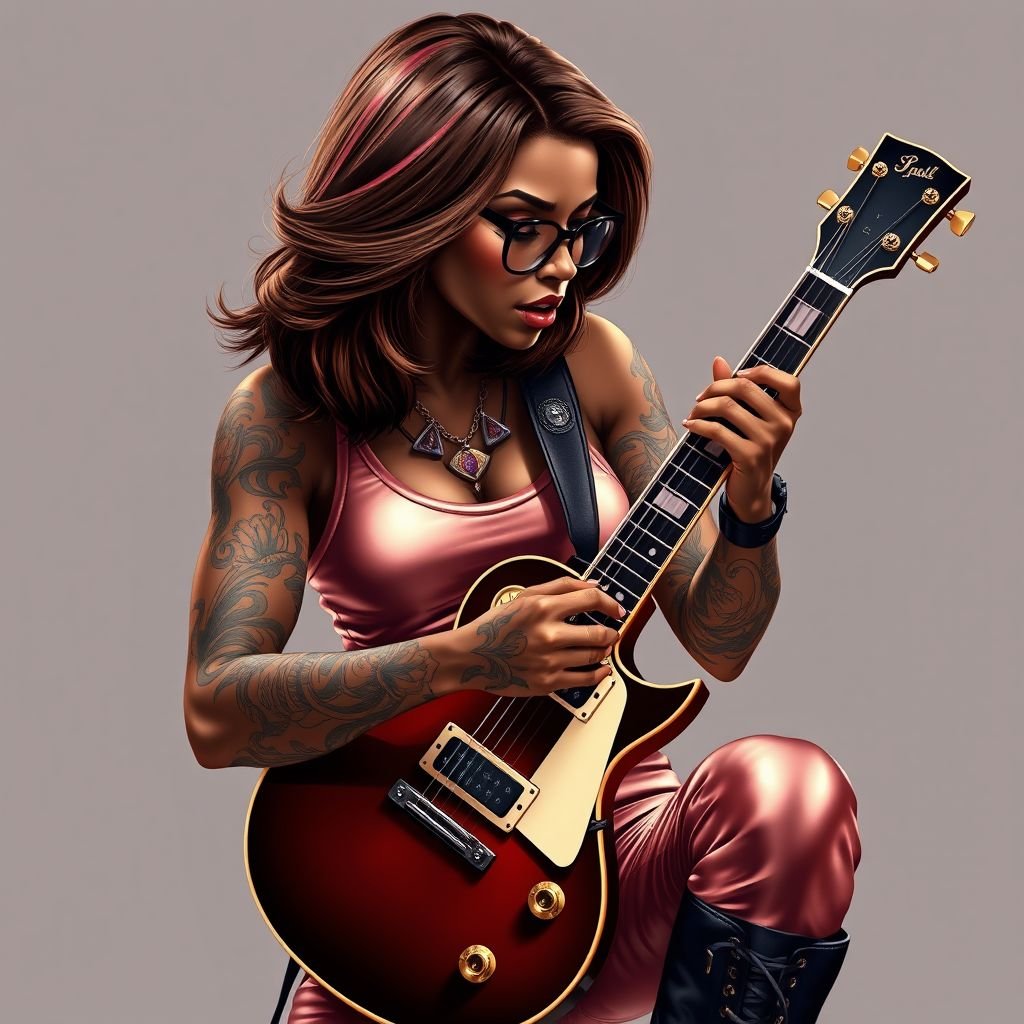 African American female with shoulder length hair in a side part style with brown hair and rose gold highlights wearing a rose gold tank top with tattoos on her arms wearing black glasses and rose gold pants and black boots playing a Les Paul guitar