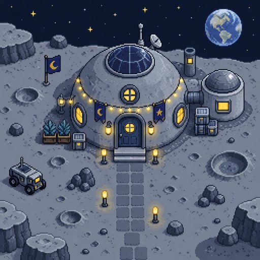 Lunar house, unique, fairy lights, for a modern fantasy game, exterior, top down style, shading and highlights