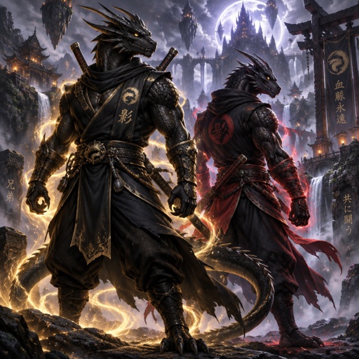 Two brothers, black dragons lizards , muscular in ninja outfits. They were created to help stop extinction.