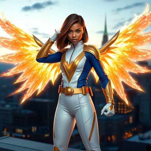 A teenage African American female superhero with brown hair with gold highlights in a shoulder length side part hairstyle with pure Gold Glowing eyes wearing a white suit with gold and royal blue  with white pants and gold and white knee length boots with a utility belt with a gold V  as her chest emblem with glowing  wings made of white fire in Philadelphia 