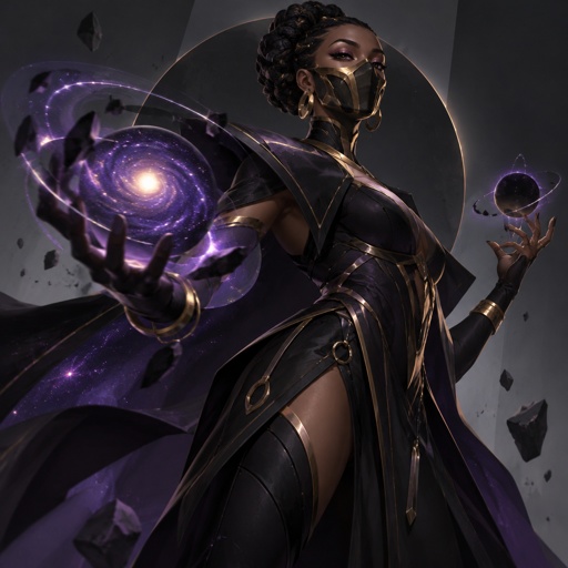 Female Villain with galaxy abilities, mask, African American, Cool outfit