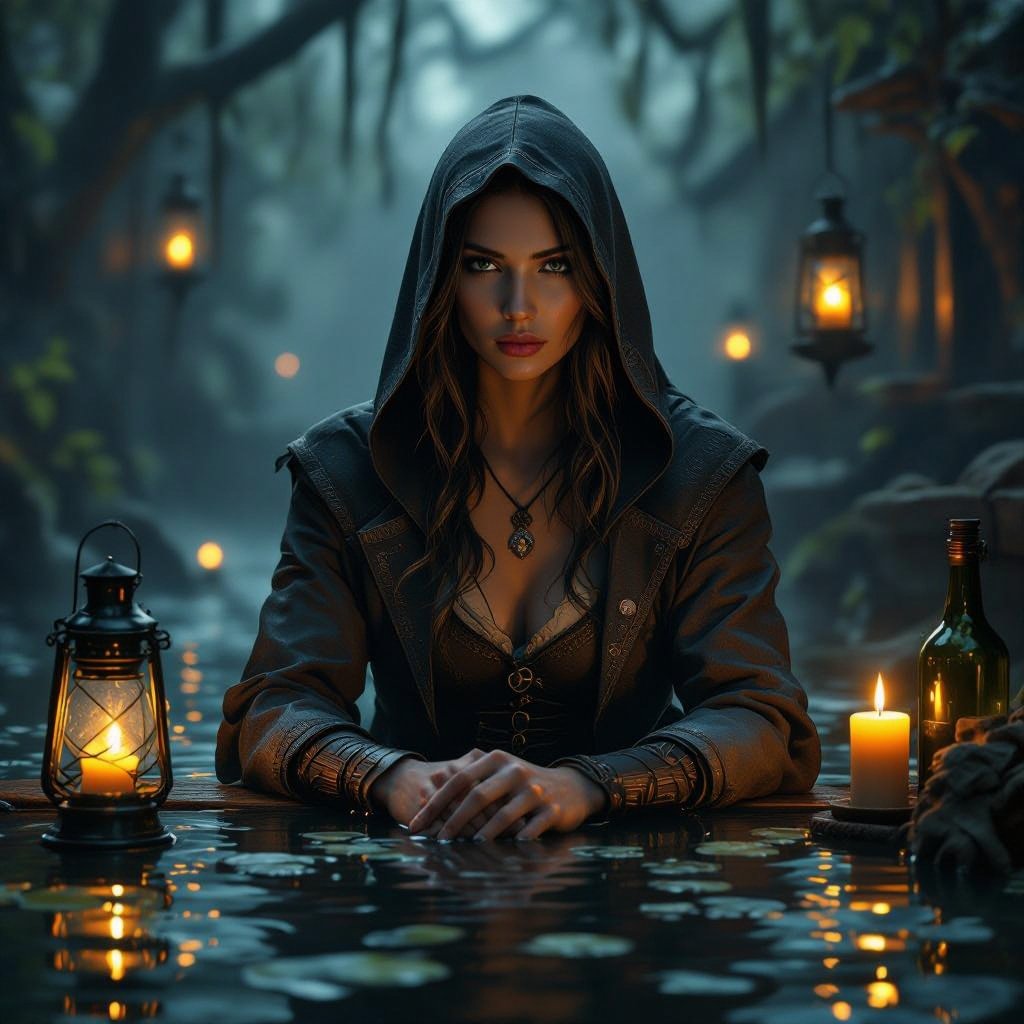 n is calm, observant, and composed — a professional at rest but ever alert. The scene is dimly lit by warm lanterns and candles reflecting off bottles and swamp water beyond the open shutters. The air feels humid, the wood aged and dark, and a faint mist glows beneath the lanterns. Lighting should be warm and balanced, highlighting her features and outfit details with natural, painterly texture. Composition: full-body to shins, semi-realistic fantasy art style following the 8-heads rule of proportion.