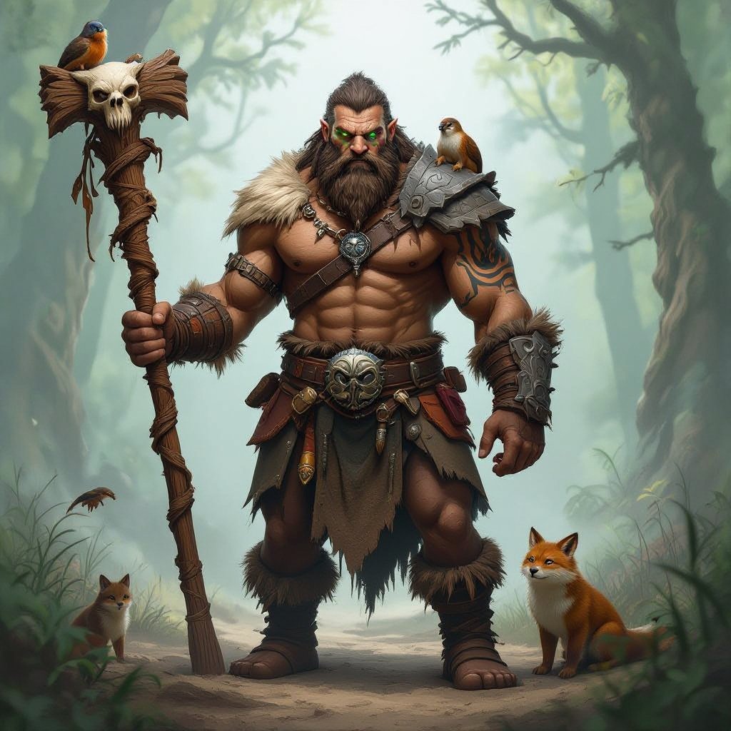 Kael the Beastbound – A rugged, broad-shouldered man with brown skin and a rough beard, wearing armor made from bone and leather. deep green eyes tattoos of animal tracks spiral down his arms. He carries a massive wooden staff carved with the shapes of beasts, and small creatures often perch on his shoulders or follow at his feet.