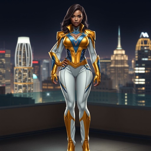 African American female superhero with shoulder length hair in a side part style wearing a gold and white suit with blue accents with white pants and gold boots with a stylized V as her chest emblem standing ona roof in a Philadelphia at night
