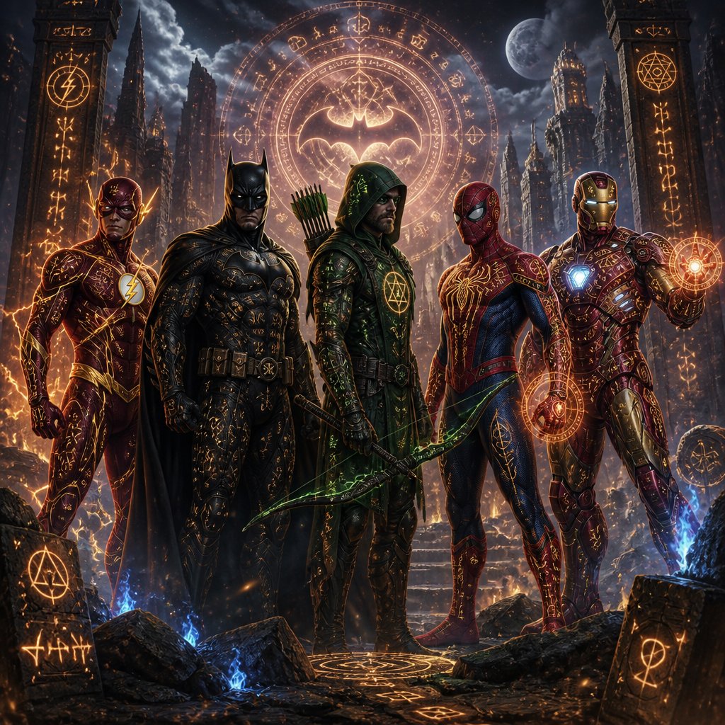 Create a combination of the flash, Batman, the arrow, Spider-Man, and iron man