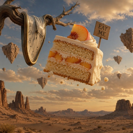 Slice of vanilla peach cake with a sign that says eat me 
