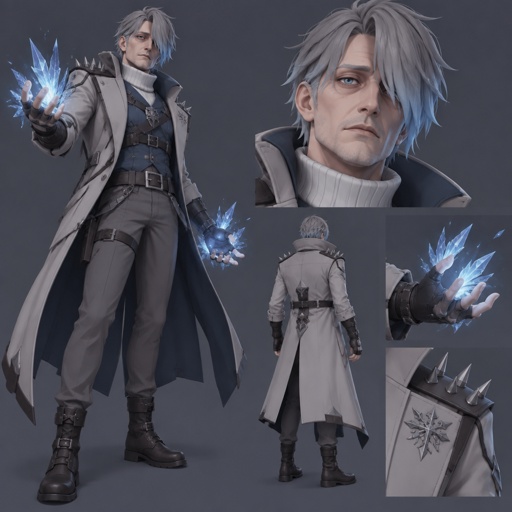 Male, pale, pale blue eyes, eye bags, short grey choppy hair with light blue tips hair covering one eye, white turtle neck, blue sleeveless shirt trench coat, long fingerless gloves, grey pants, belts across chest, spiked on shoulders, mid 40s, ice powers,  