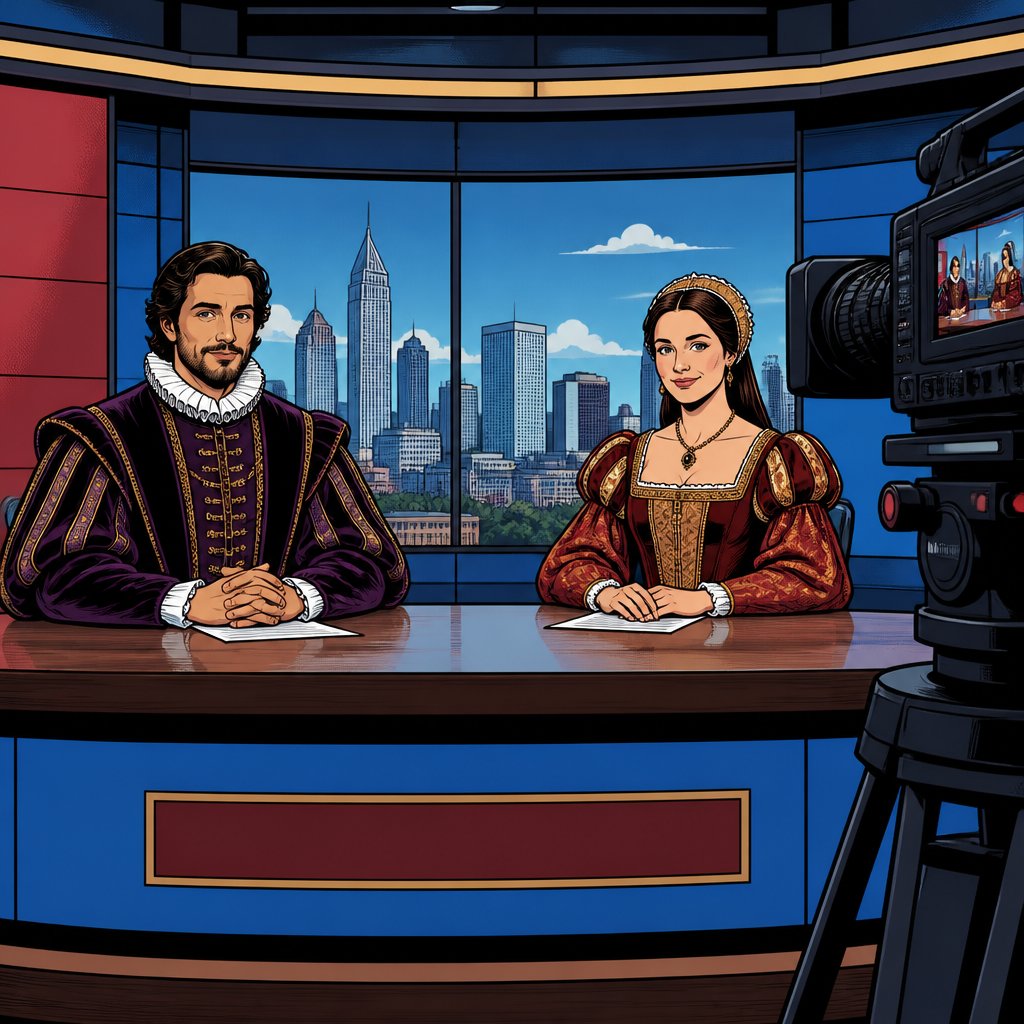 No speech bubbles no caricature highly vivid colours no print dots a modern TV studio. Sitting behind the desk on the left is a male announcer, dressed in Renaissance robes, and on the right a female announcer, dressed in renaissance robes. medium shot with tv camera on the right side. no signs or billboards. The two people are sitting 4 feet apart.